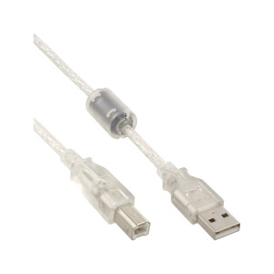 InLine® USB 2.0 Cable Type A male / B male transparent, ferrite core, 2m