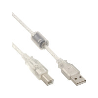 InLine® USB 2.0 Kabel, A an B, transparent, mit Ferritkern, 3m