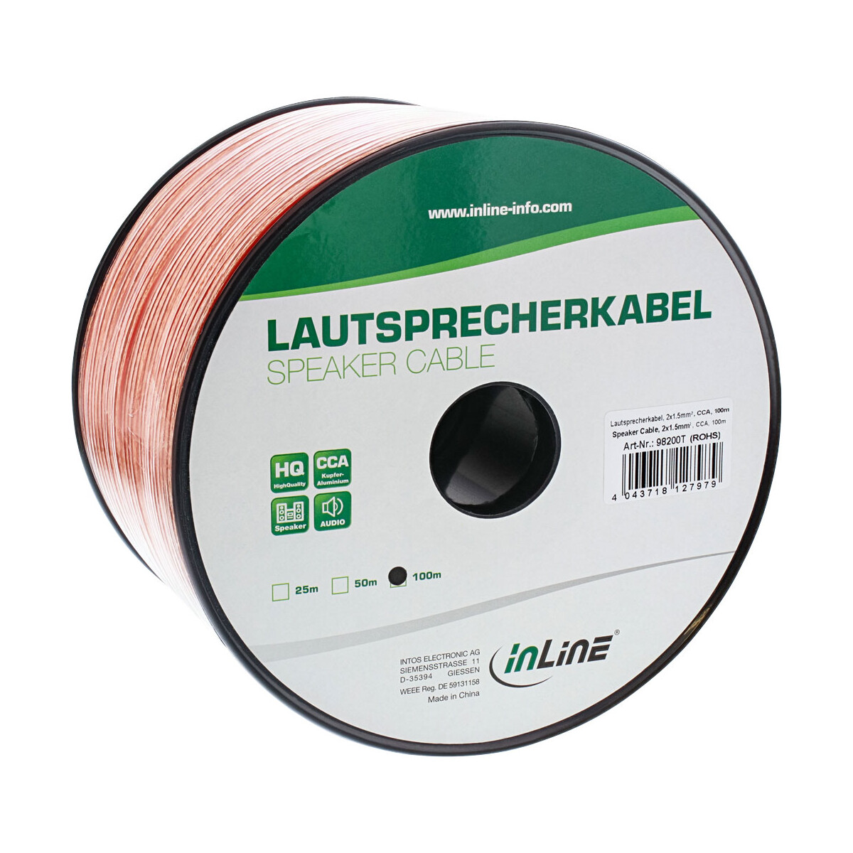 InLine® Lautsprecherkabel, 2x 1,5mm², CCA,...