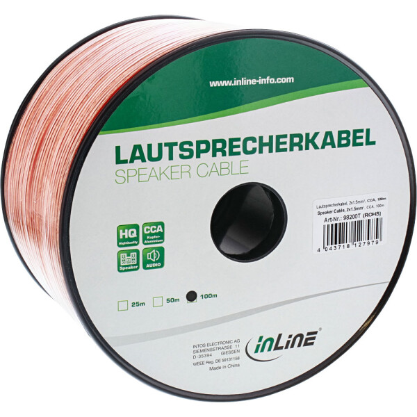 InLine® Lautsprecherkabel, 2x 1,5mm², CCA, transparent, 100m