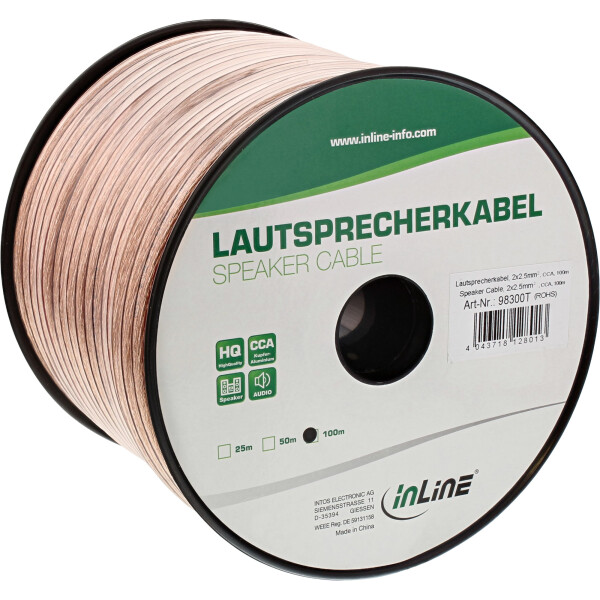 InLine® Lautsprecherkabel, 2x 2,5mm², CCA, transparent, 100m