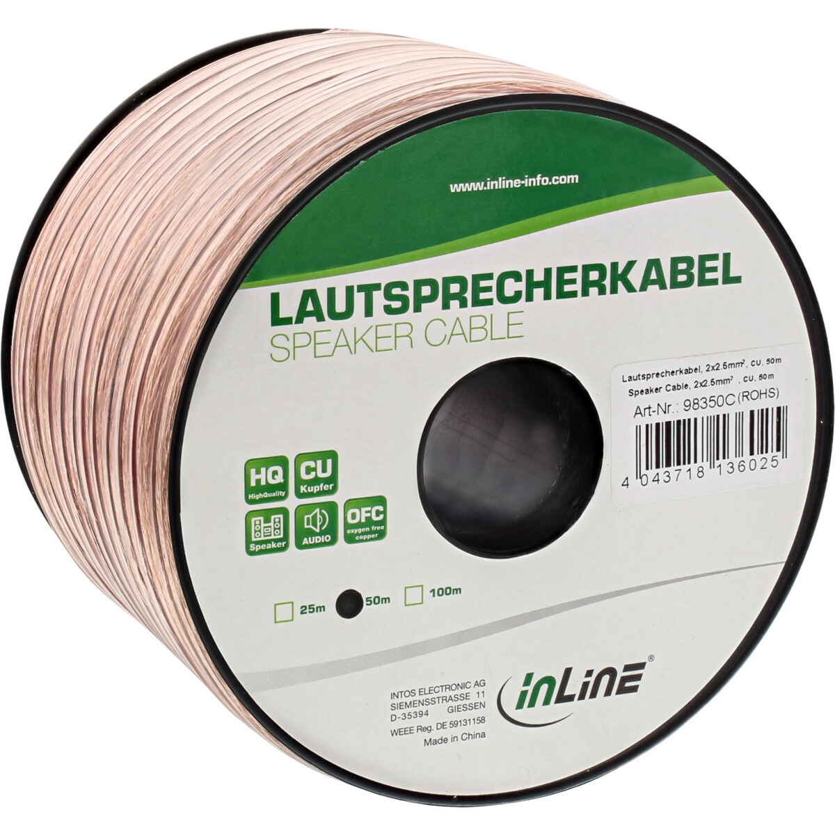 InLine® Lautsprecherkabel, 2x 2,5mm², CU,...