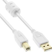 InLine® USB 2.0 Kabel, A an B, weiß / gold, mit Ferritkern, 2m