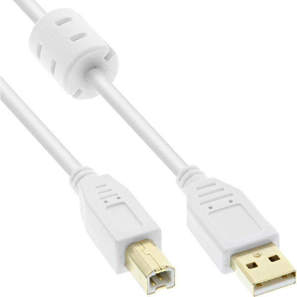 InLine® USB 2.0 Kabel, A an B, weiß / gold, mit Ferritkern, 0,5m