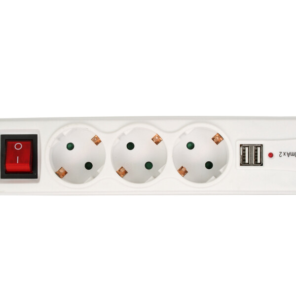 InLine® Power Strip 5 Port 3x Type F German + 2x USB Port with switch and child safety white 1.5m