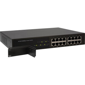 InLine® Gigabit Netzwerk Switch 16-Port, 1GBit/s, 27,94cm (11"), Metall, lüfterlos, mit 19" Winkeln