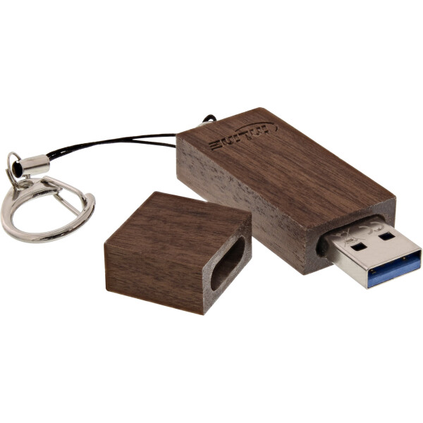 InLine® USB 3.0 Flash drive, woodline walnut, with Keychain, 8GB