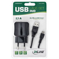 InLine® USB DUO+ charging set, 2-port power adaptor with 2m cable, 100-240VAC to 5V/2.1A, black