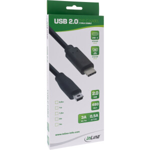 InLine® USB 2.0 Kabel, USB-C Stecker an Mini-B Stecker, schwarz, 0,5m