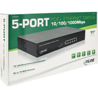 InLine® PoE+ Gigabit Netzwerk Switch 5 Port (4x PoE+), 1GBit/s, 11" (19" Winkel enthalten), Metall, lüfterlos