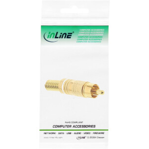 InLine® RCA metal male plug for soldering, gold, white ring, for 6mm cable