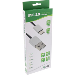 InLine® USB 2.0 Kabel, USB-C Stecker an A Stecker, schwarz/Alu, flexibel, 1m