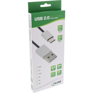InLine® USB 2.0 Kabel, USB-C Stecker an A Stecker, schwarz/Alu, flexibel, 2m