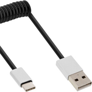 InLine® USB 2.0 Spiralkabel, Typ C Stecker an A Stecker, schwarz/Alu, flexibel, 3m