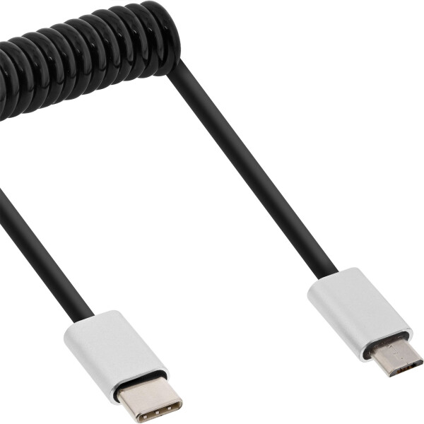 InLine® USB 2.0 Spiralkabel, Typ C Stecker an Micro-B Stecker, schwarz/Alu, flexibel, 1m