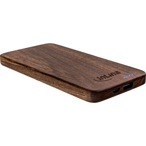 InLine® woodplate, USB Powerbank 5.000mAh, mit LED Anzeige, Echtholz, Walnuss