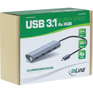 InLine® USB 3.1 Hub, USB Typ C zu 4 Port Typ A, Aluminiumgehäuse, silber, ohne Netzteil