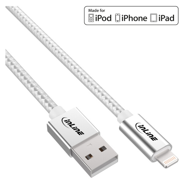 InLine® Lightning USB Kabel, für iPad, iPhone, iPod, silber/Alu, 2m MFi-zert.