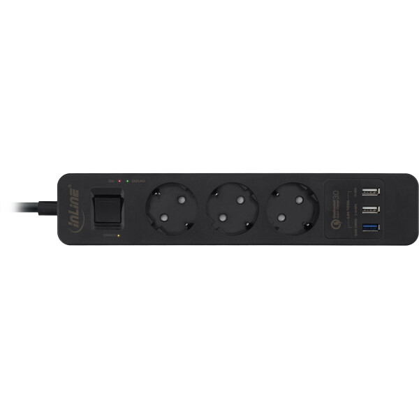 InLine® Steckdosenleiste, 3-fach Schutzkontakt, Überspannungsschutz und QuickCharge USB, mit Schalter, 1,5m, schwarz