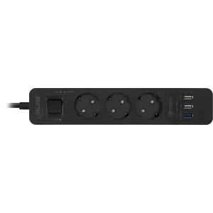 InLine® Power Strip 3 Port with QC USB, 3x Type F German with switch and child safety black 1.5m