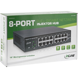 InLine® PoE+ Gigabit Network Injector Hub 8 Port (8x PoE+), 1Gb/s, 19" 1U