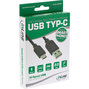 InLine® Basic USB 2.0 Kabel, Typ C ST an A ST, schwarz, 1m