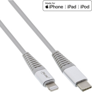 InLine® USB-C Lightning Kabel, für iPad, iPhone, iPod, silber/Alu, 1m MFi-zertifiziert