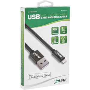 InLine® Lightning USB Kabel, für iPad/iPhone schwarz/Alu, 2m MFi-zertifiziert