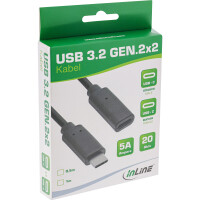 InLine® USB 3.2 Gen.2x2 Kabel, USB-C Verlängerung ST/BU, schwarz, 1m