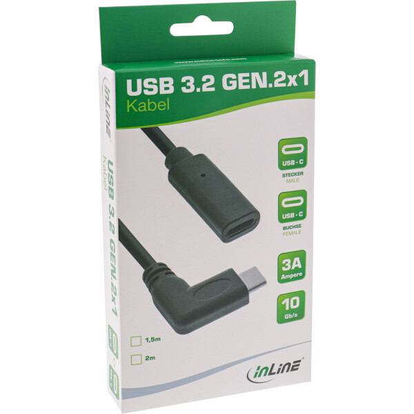 InLine® USB 3.2 Gen.1x2 Kabel, USB-C Verl., ST gewink. auf BU, schwarz 1,5m