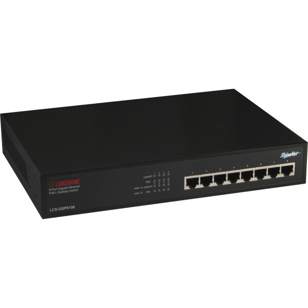 Longshine Gigabit Switch, 8-Port, LCS-GSP8108, Desktop, PoE+, lüfterlos