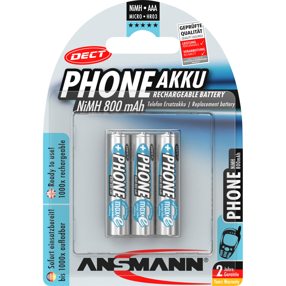 ANSMANN 5030142 NiMH-Akku Micro AAA, Phone DECT, 800mAh,...