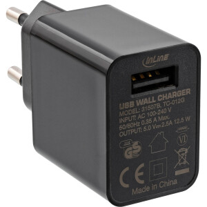 InLine® USB Ladegerät Single, Netzteil, 100-240V zu 5V/2,5A, schwarz