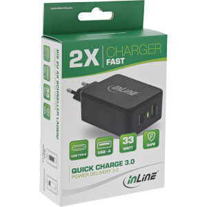 InLine® Power Delivery + Quick Charge 3.0 USB power adapter, charger, USB-A + USB Type-C, 33W, black