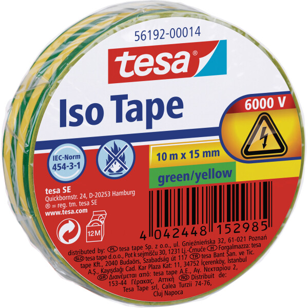 tesa insulating tape, 10m x 15mm, green/yellow