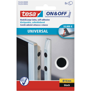 tesa On- & Off-Klettpunkte zum Aufkleben, 8er-Pack (Ø16mm), schwarz