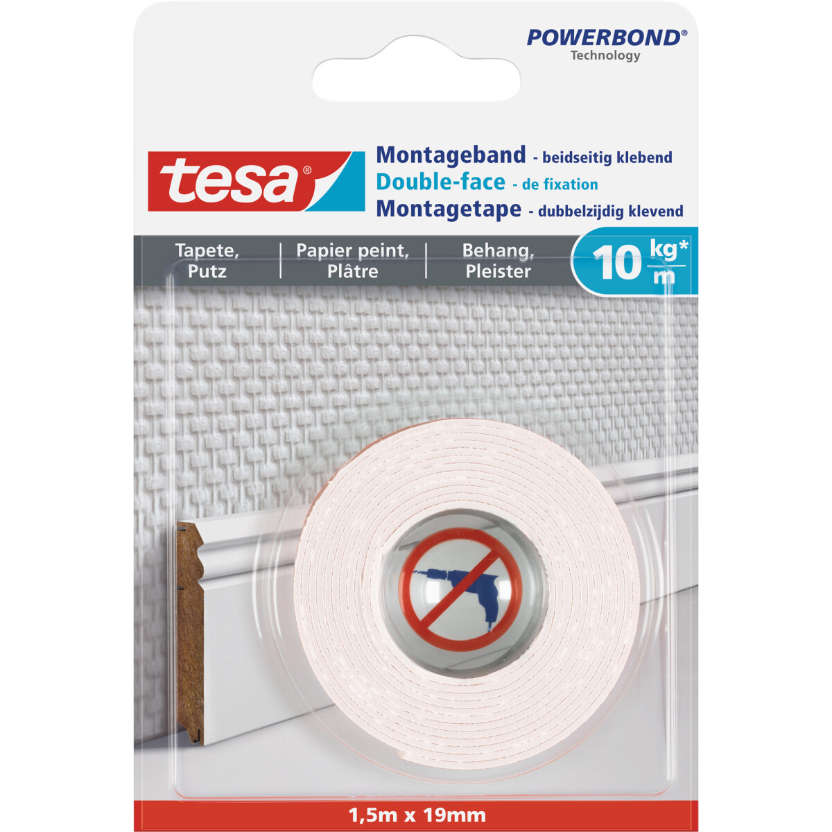 tesa Montageband, 1,5m x 19mm, für Tapeten und Putz,...