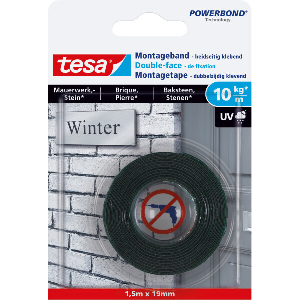 tesa Montageband, 1,5m x 19mm, für Mauerwerk und Stein, bis zu 10kg/m, grün