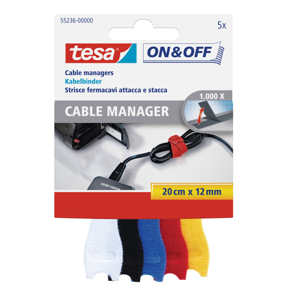 tesa On & Off Bundling Cable Manager, 5 pieces, 20cm x 12mm, colorful