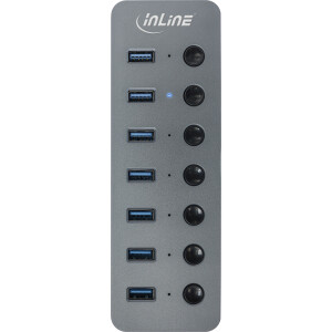 InLine® USB 3.2 Gen.1 hub, 7-port, with switch, aluminium, grey, with PSU