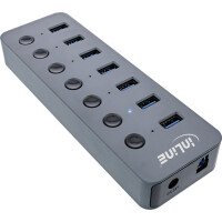 InLine® USB 3.2 Gen.1 hub, 7-port, with switch, aluminium, grey, with PSU