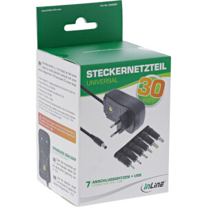 InLine® Universal Steckernetzteil 30W mit USB, 110-240V auf 3-12V, max. 2500mA