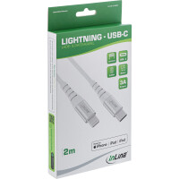 InLine® USB-C Lightning Kabel, für iPad, iPhone, iPod, silber/Alu, 2m MFi