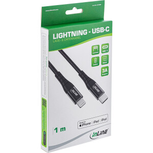 InLine® USB-C Lightning Kabel, für iPad, iPhone, iPod, schwarz/Alu, 1m MFi