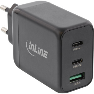 InLine® USB PD power supply, GaN charger, 3-port, Dual USB-C + USB-A, 65W