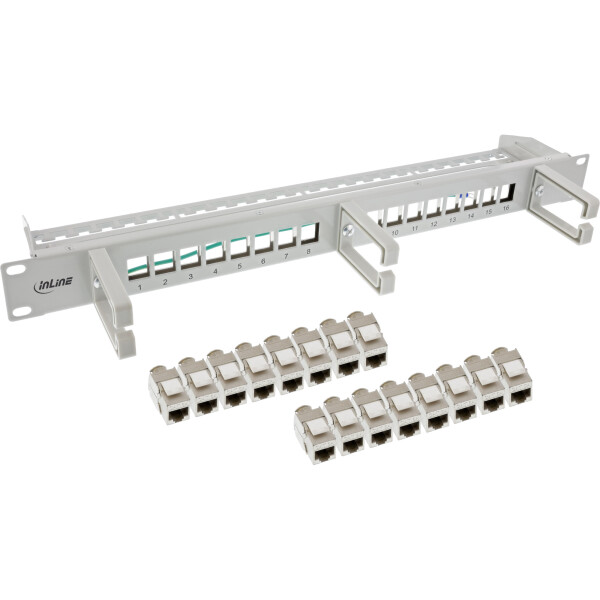 InLine® Patch panel Cat.6A 16-way, with 3 brackets, 16 keystones, 19", 1U, grey