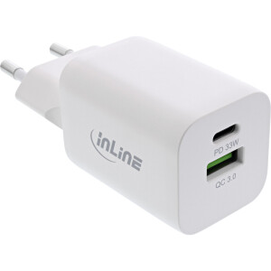 InLine® USB power supply, charger USB-A + USB-C, 33W, PD + QC, white